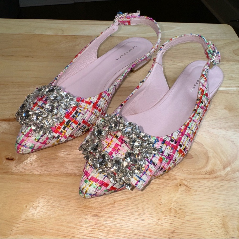 Cosmo Paris Pink Boucle Tweed Slingback With Rhinestone Buckle